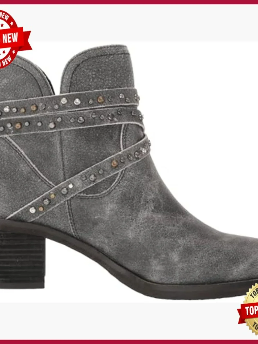 Women's Leather Ankle Bootie with Studded Strap Detail, Zip Closure